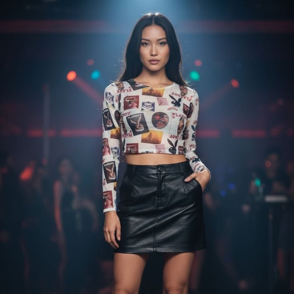 Playboy by PacSun Mesh Long Sleeve Crop Top Women’s Size L Magazine Print Sheer